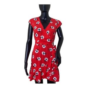 J Crew Red Faux Wrap Dress W/Ruffle Hem In Dandelion Floral Pattern Sz 00P